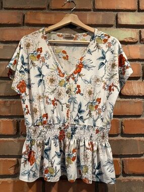 Lavish White Floral V-Neck Smocked Waist Blouse